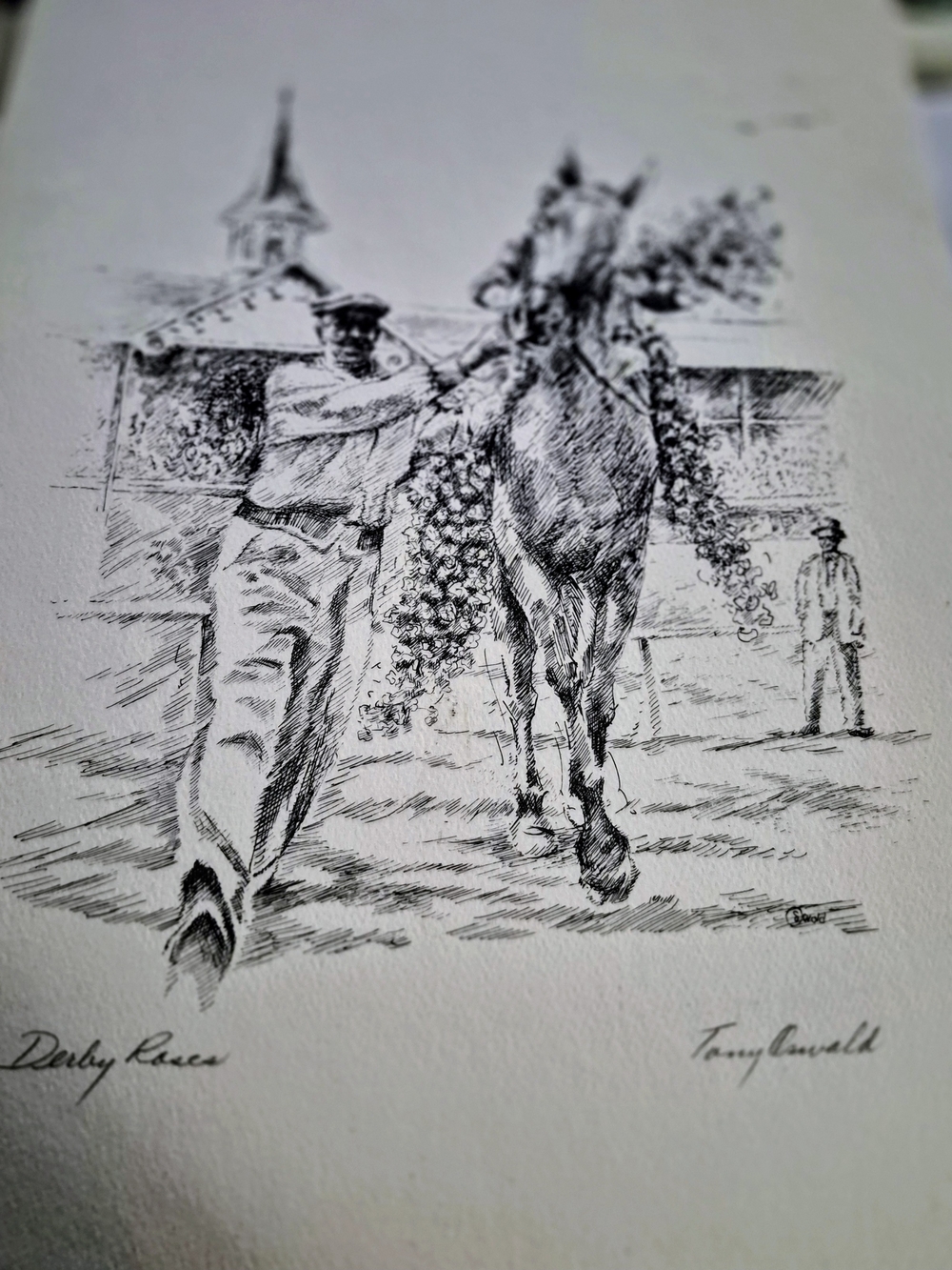Tony Oswall Derby Races Pen & Ink Print - Black Horse Racing Illustration